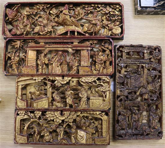 Five Chinese gilt lacquered wood panels, 19th/20th century